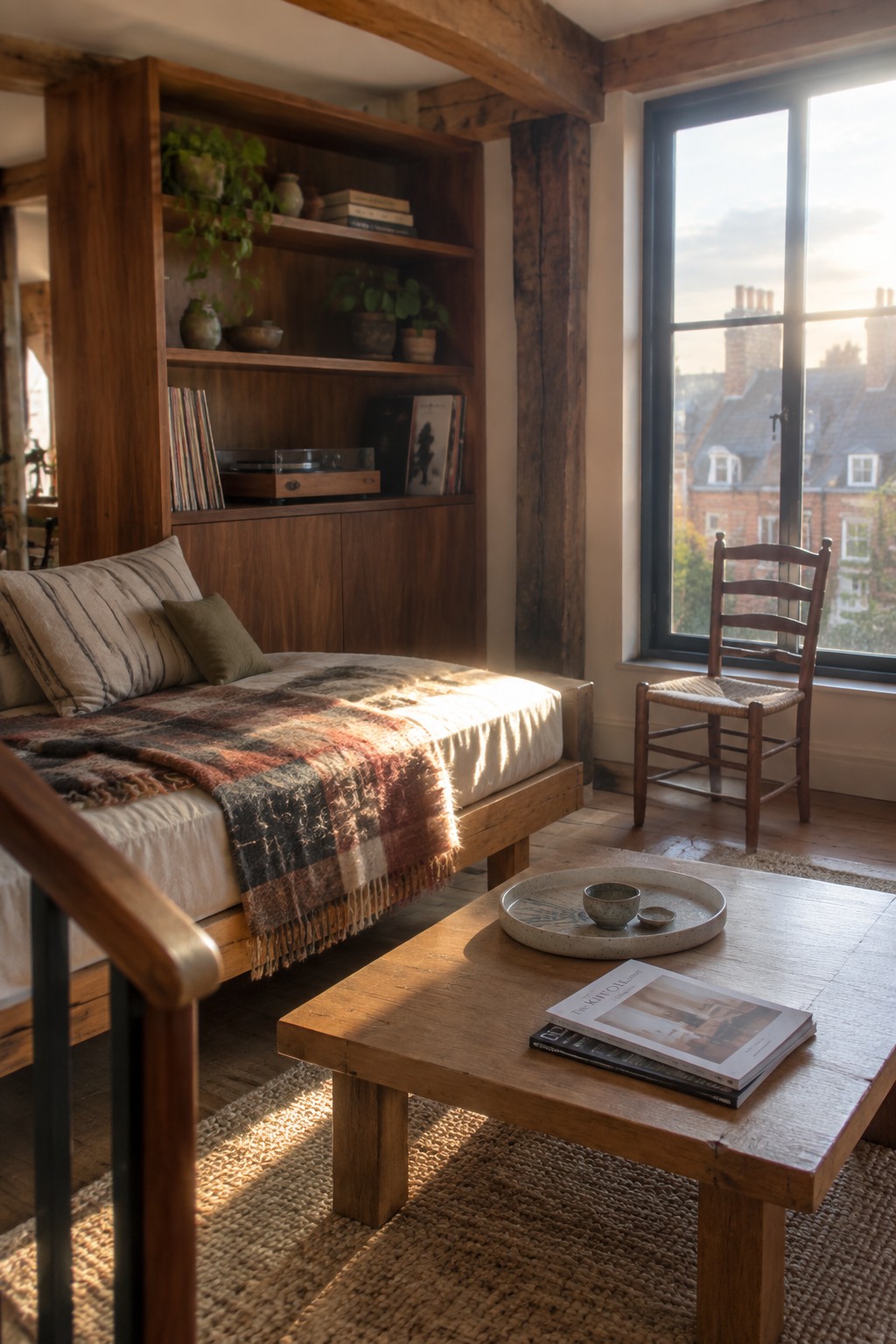 A bedroom with a wooden platform bed, built-in wooden shelving unit holding books and plants, a wooden coffee table with magazines, and a wooden chair near a large window.