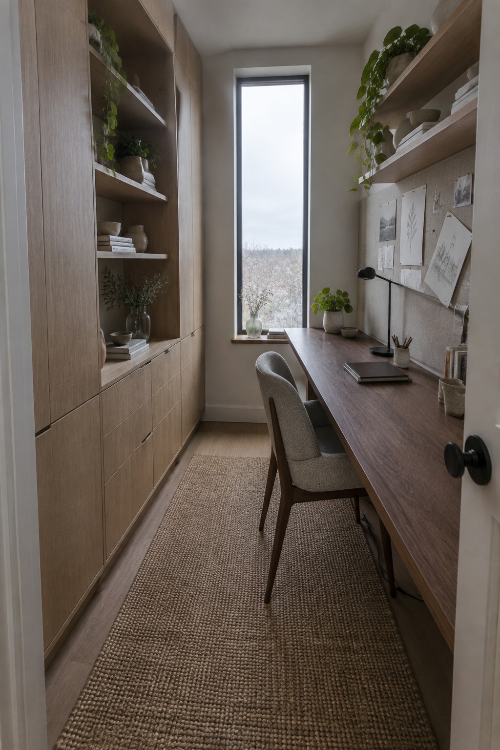 Modern narrow office with long wooden desk, upholstered chair, light shelves, tall window, and jute rug