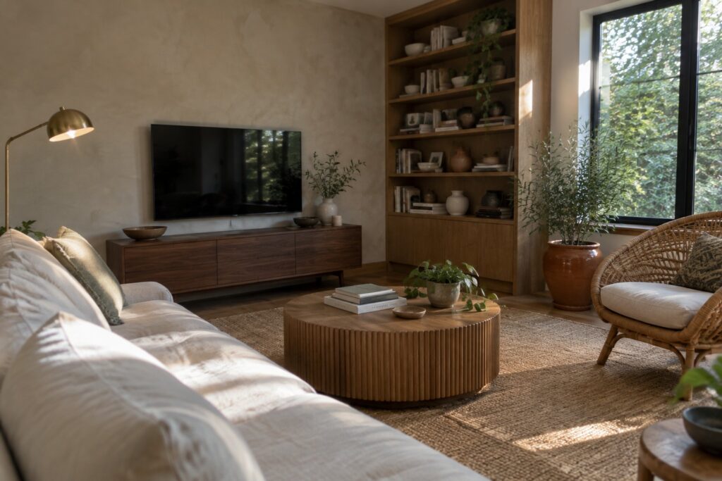 Cozy living room with white sofa, round wooden coffee table, and built-in bookshelf