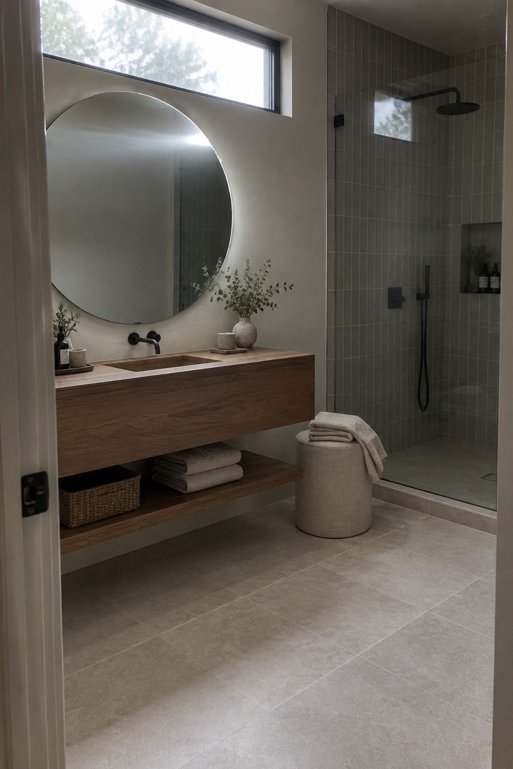 A bathroom interior showing a floating wooden vanity with integrated sink, round backlit mirror, open lower shelf holding towels and a basket, and a tiled walk-in shower to the right.
