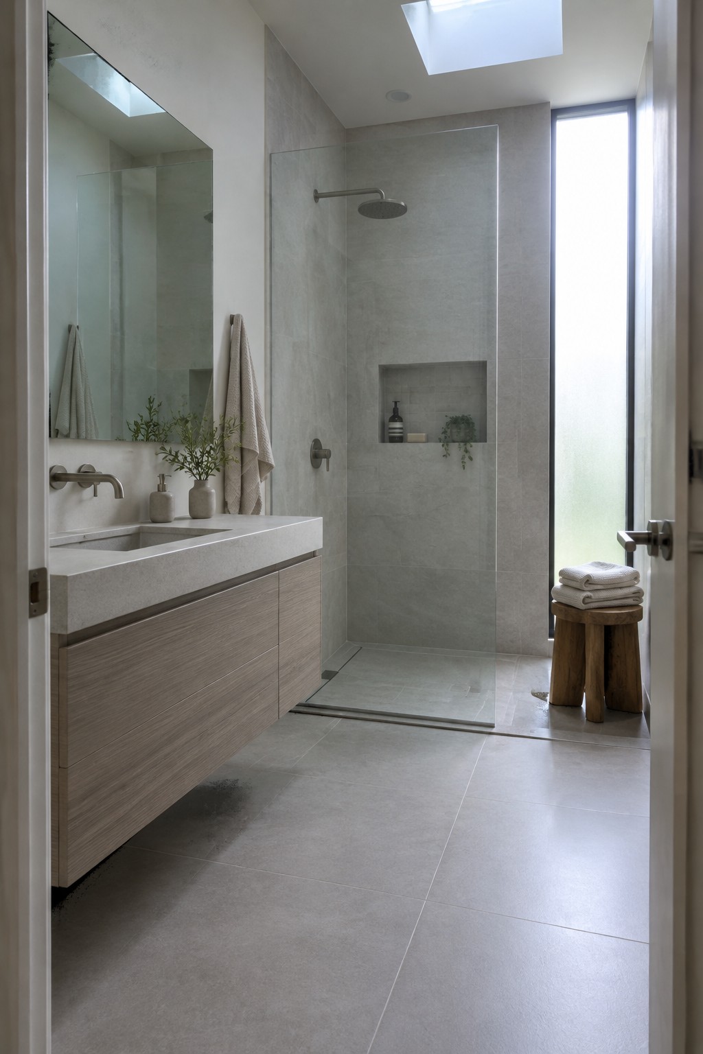 Modern minimalist bathroom with floating wood vanity, glass shower, skylight, and stool
