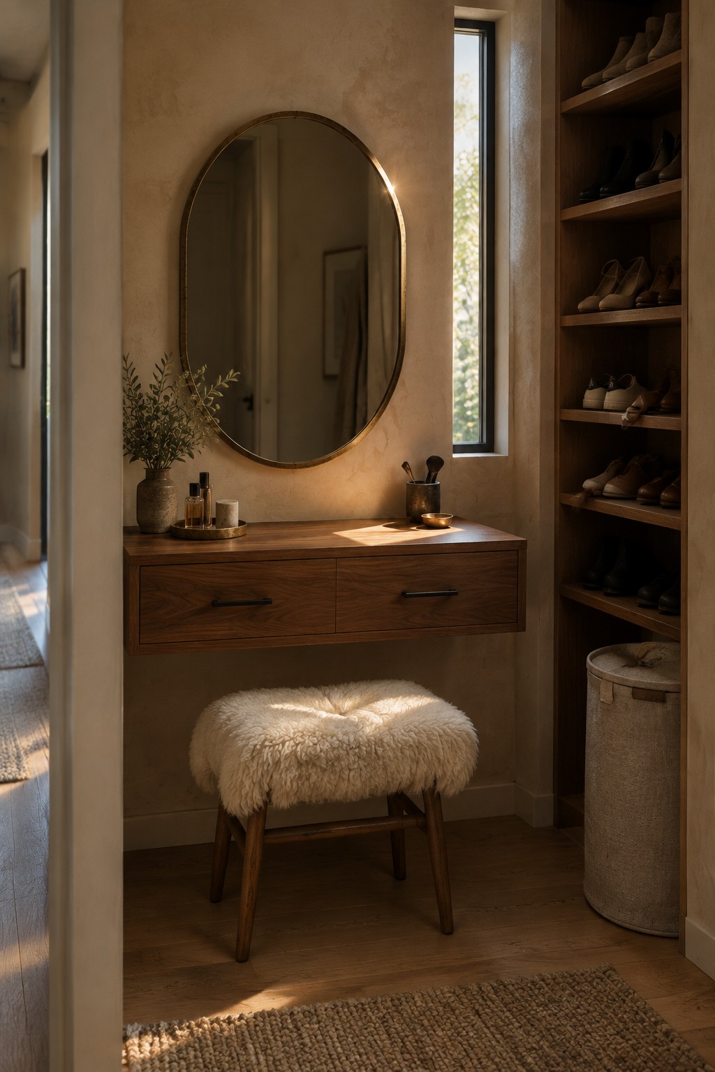 A wooden floating vanity with two drawers sits under a round mirror on a textured beige wall, with a sheepskin stool in front and built-in wooden shoe shelves visible to the right.