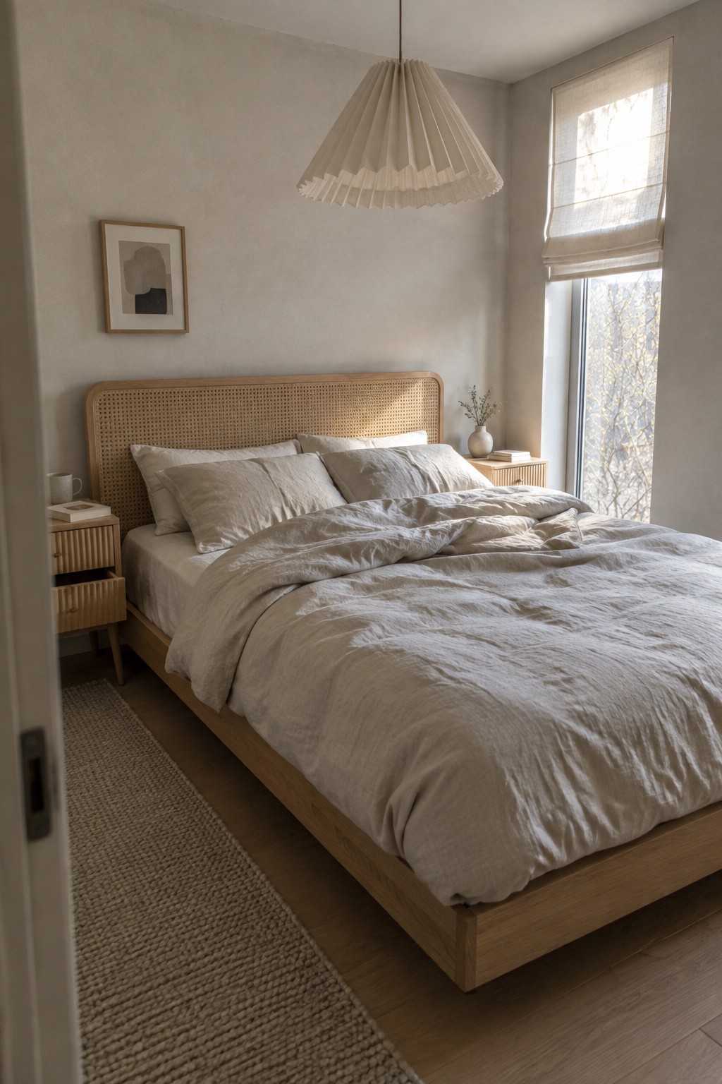 A light wood bed with a cane headboard, rumpled linen bedding, and two matching wooden nightstands in a neutral bedroom with a large window.