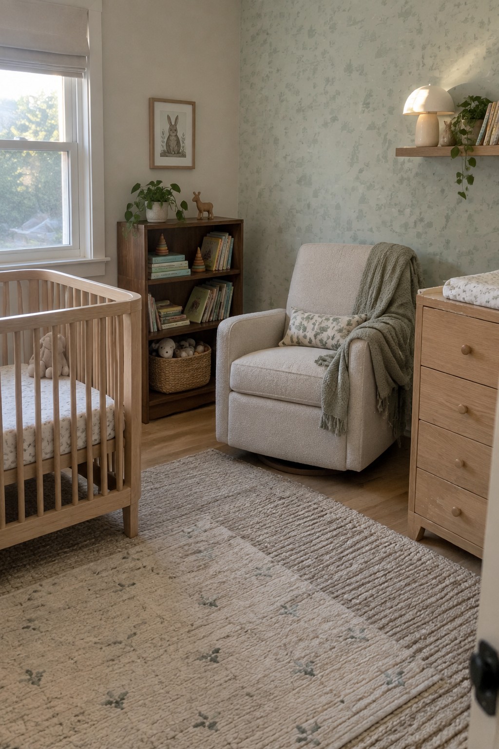 A nursery with a wooden crib on the left, a light wood bookshelf against the back wall, a beige swivel armchair with a green throw, and a wooden dresser on the right, all on a textured rug.