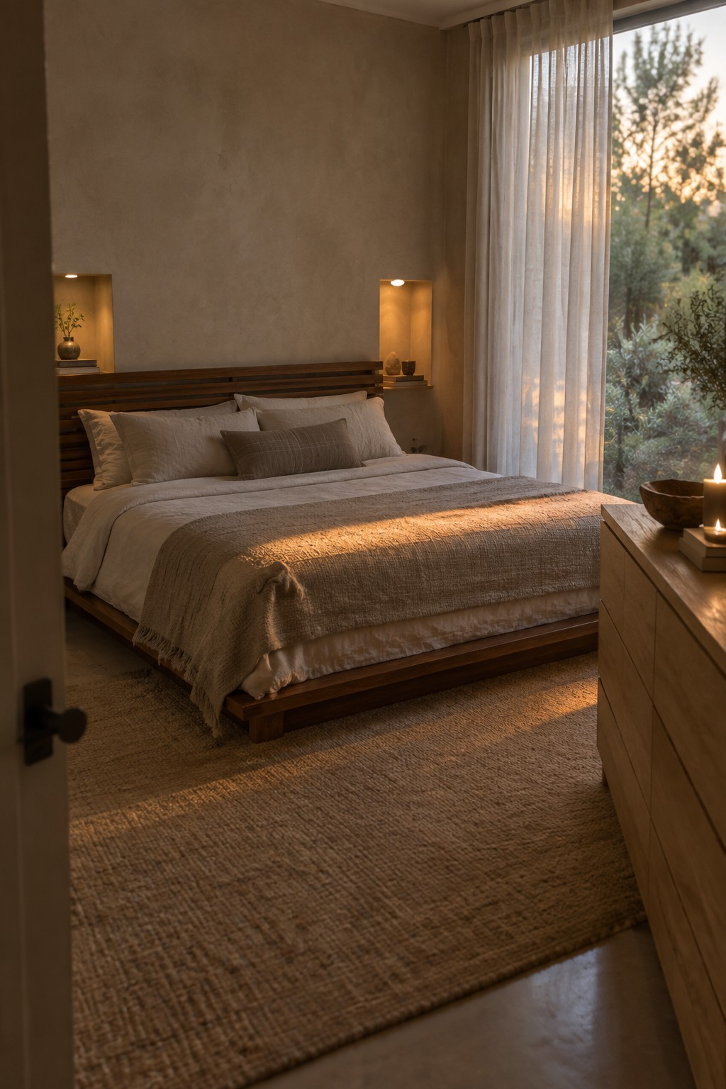 A low wooden platform bed with a horizontal slat headboard sits in a neutral bedroom with layered beige bedding, a woven rug, and a wooden dresser beside a large window with sheer curtains.