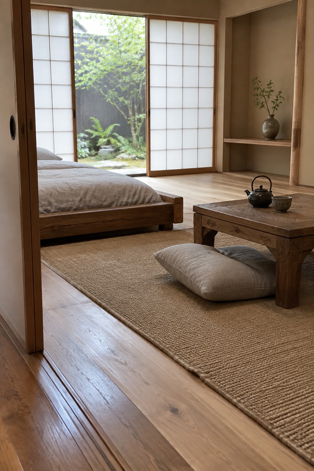 A Japanese-style interior showing a low wooden bed on the left, open shoji screens revealing a garden, and a low wooden coffee table on a large woven rug with two floor cushions.