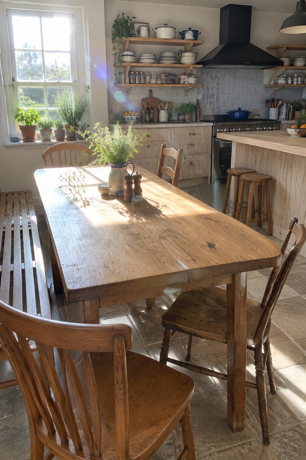 Rustic wooden dining table in sunlit kitchen with plants and open shelves.