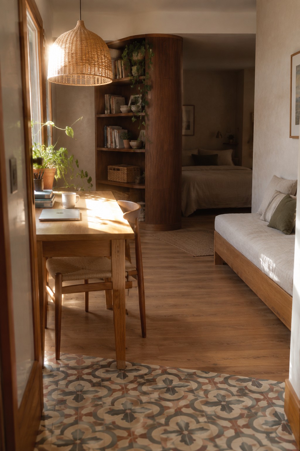 A sunlit interior room featuring a wooden dining table with chairs, a curved built-in wooden bookshelf unit, a daybed with wooden frame, patterned tile flooring, and a woven pendant light.
