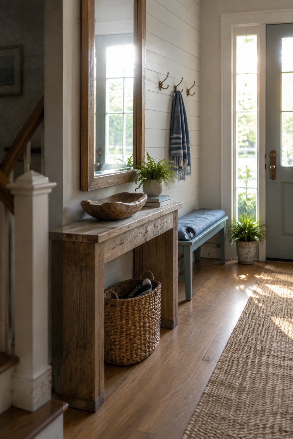 A rustic wooden console table with a woven basket underneath stands in a bright entryway beside a blue bench and a large wall mirror.
