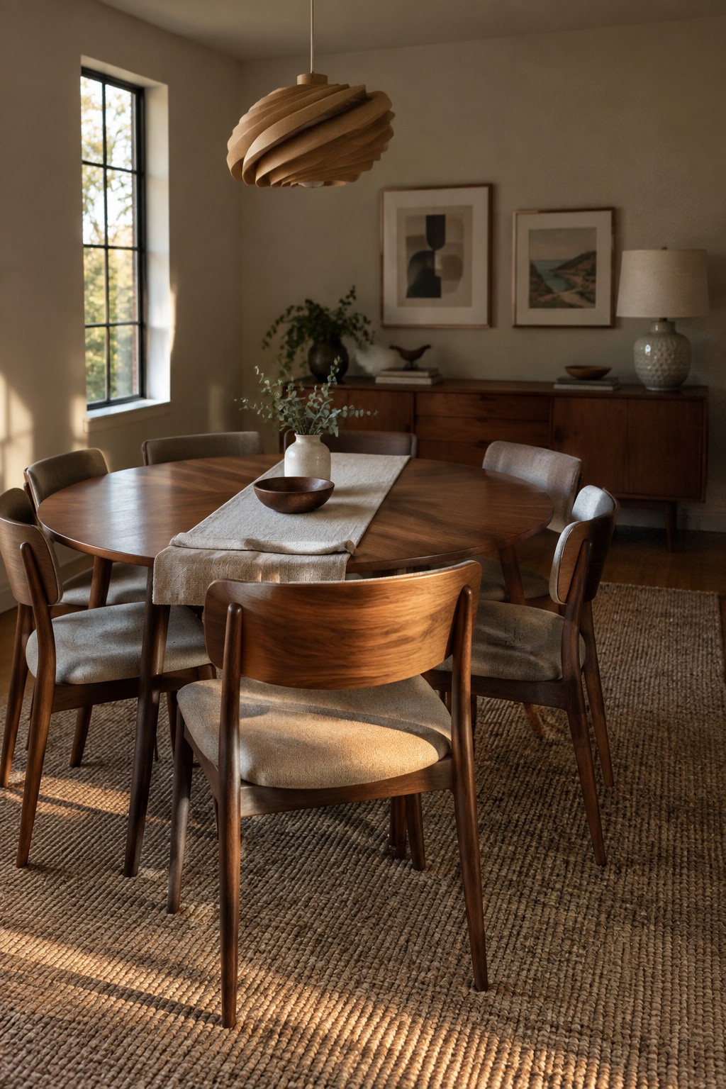 Mid-century modern dining room with round walnut table, chairs, and sculptural pendant light