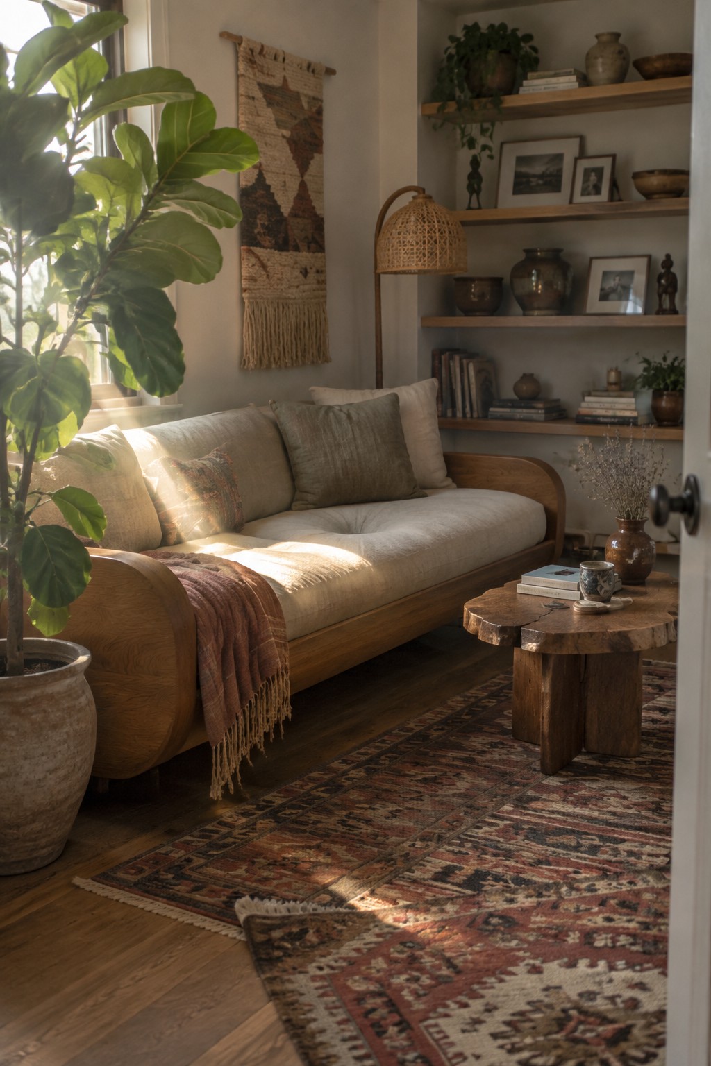 A living room featuring a light wood framed sofa with beige cushions, a rustic wooden coffee table, layered patterned rugs, potted plants, and wooden wall shelves with books and decor.