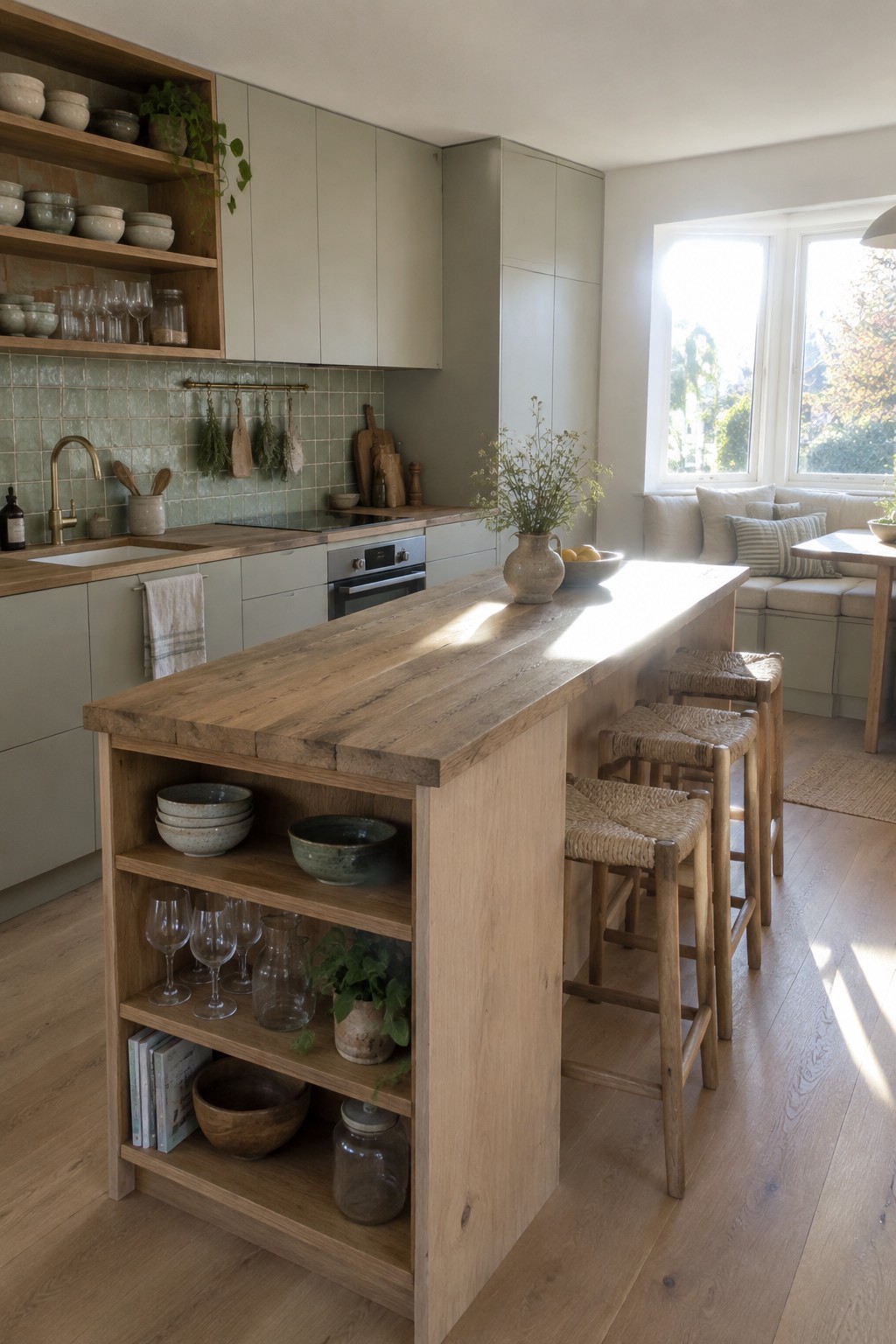A kitchen with a large wooden island featuring open lower shelves holding bowls, glasses, and jars, paired with woven bar stools and sage green cabinetry.