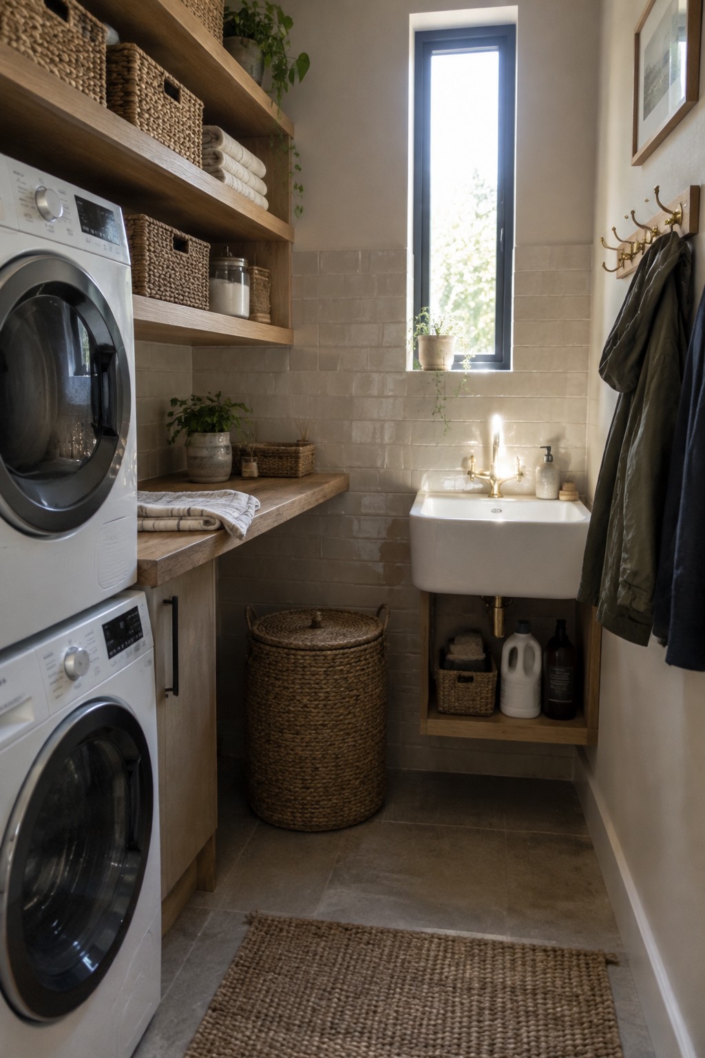 A narrow laundry room featuring stacked white washing machines, wooden open shelves with baskets and folded towels, a white sink with brass fixtures, and a large woven basket on the floor.