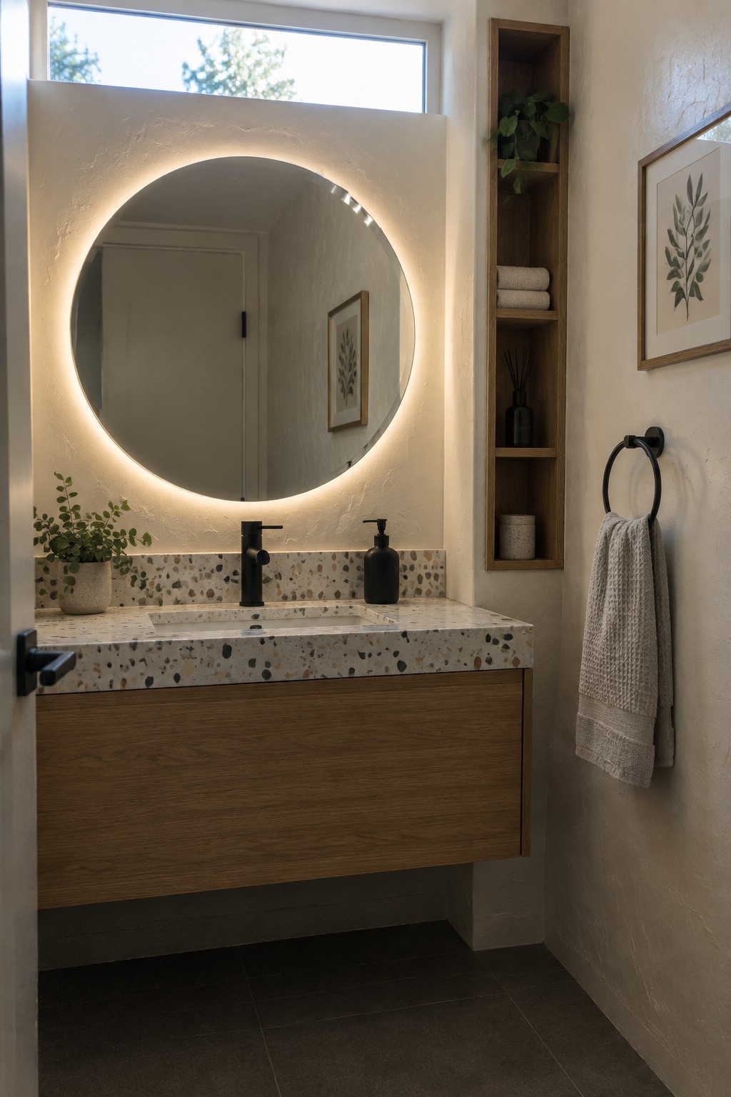 A bathroom with a floating wooden vanity, terrazzo countertop, round backlit mirror, and built-in wood shelving on the right wall.