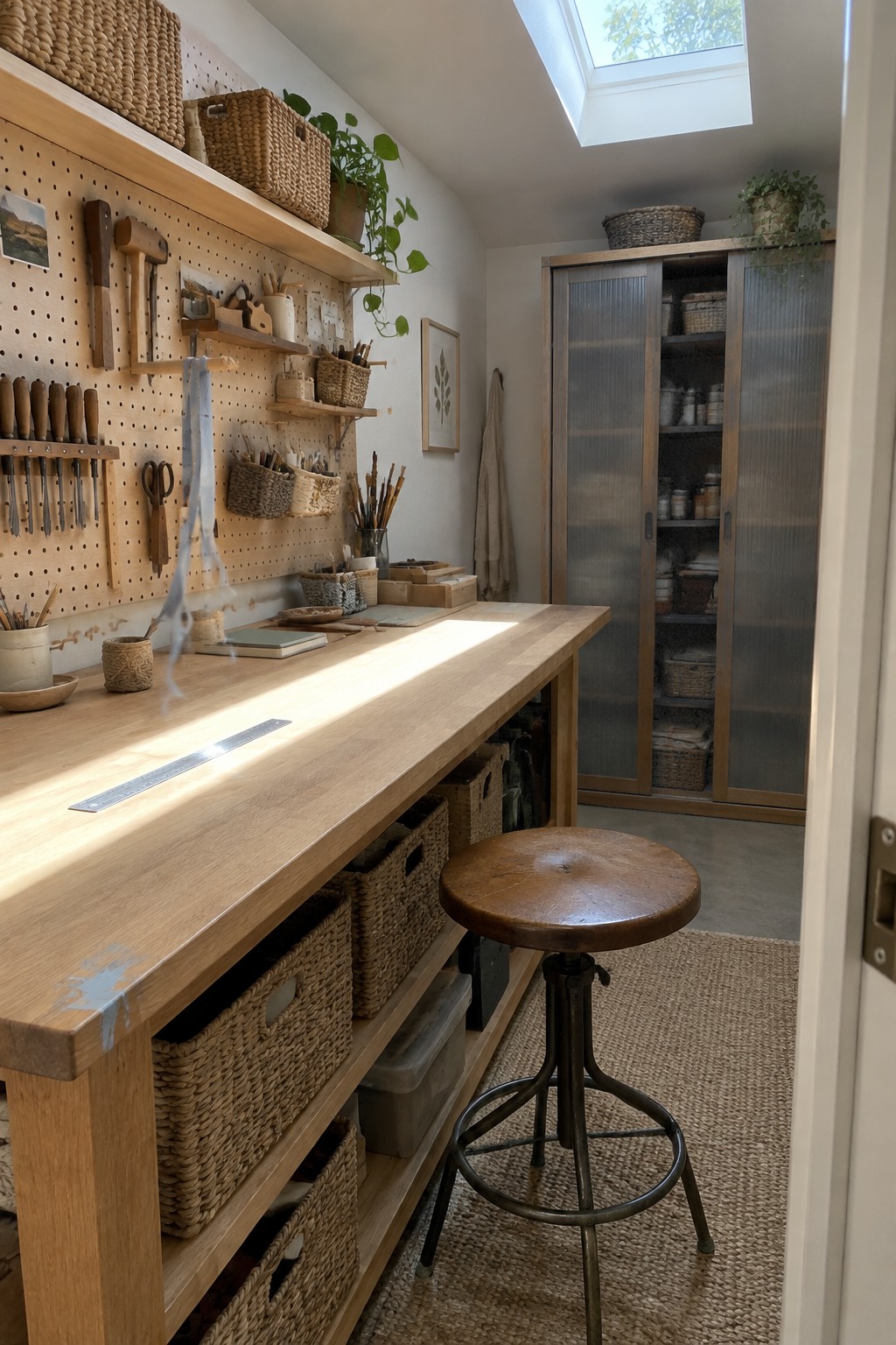 A long wooden work table with woven baskets stored on open shelves below, a round wooden stool in front, and a pegboard wall with tools in a sunlit interior room.