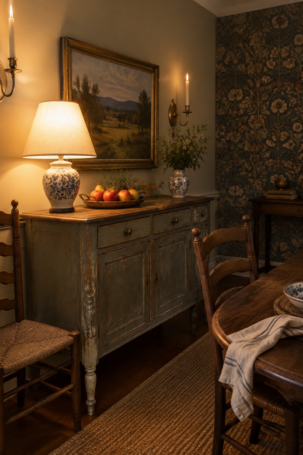 Distressed blue sideboard with glowing lamp, fruit bowl, and landscape painting in candlelit room
