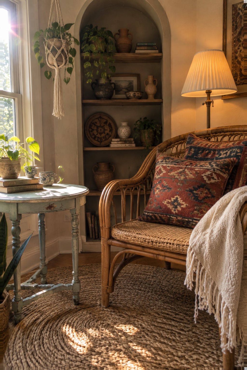 A light blue distressed wooden side table next to a rattan chair on a round jute rug, with built-in arched shelves holding pottery and plants in the background.