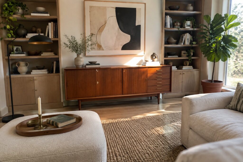 A living room with a mid-century wooden sideboard featuring drawers and cabinet doors, positioned under framed art beside a large potted plant.