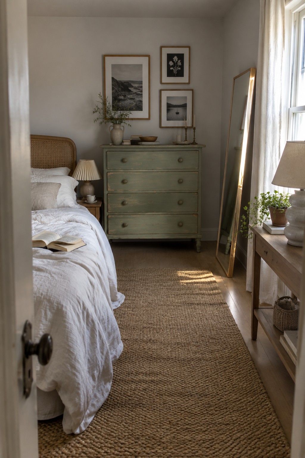 A bedroom with a distressed green painted dresser against the wall, framed art above it, and a bed with white linens on the left.