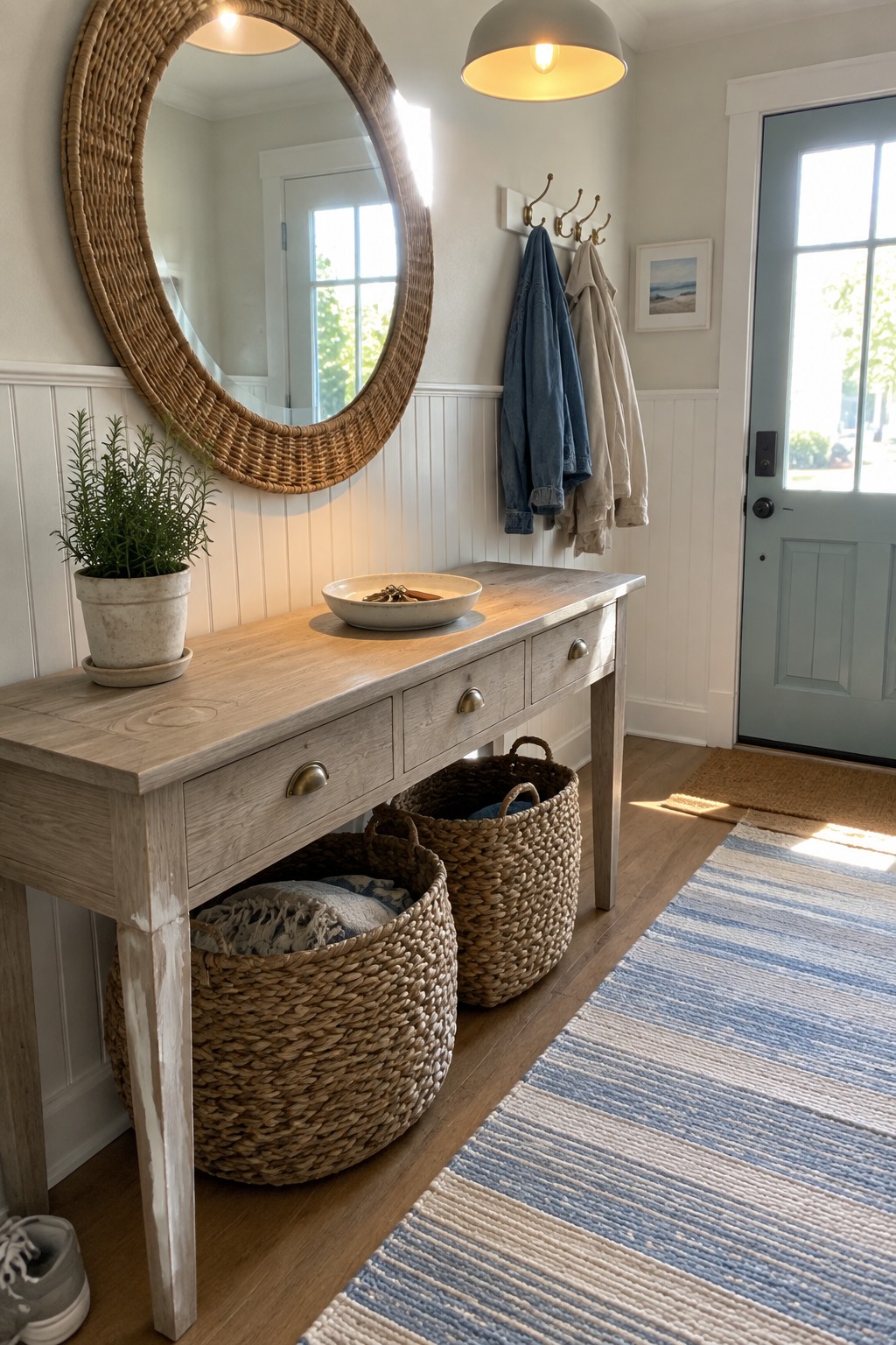 Rustic entryway with light wood table, woven baskets below, round mirror, and blue door
