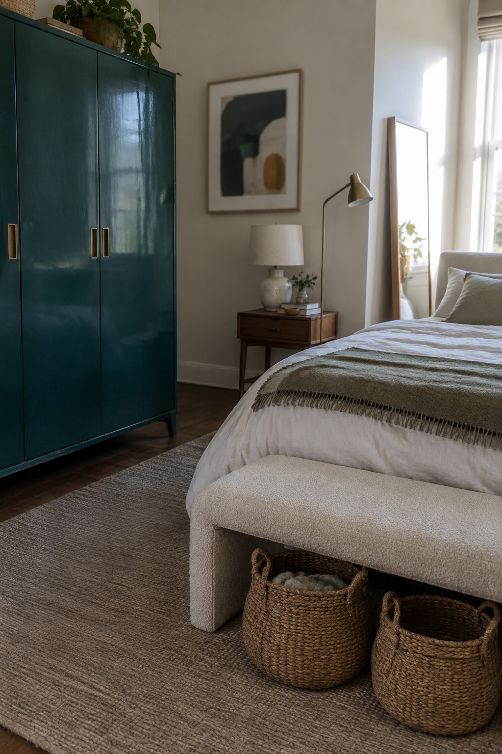 Modern bedroom with teal wardrobe, white bed, bouclé bench, and woven baskets.