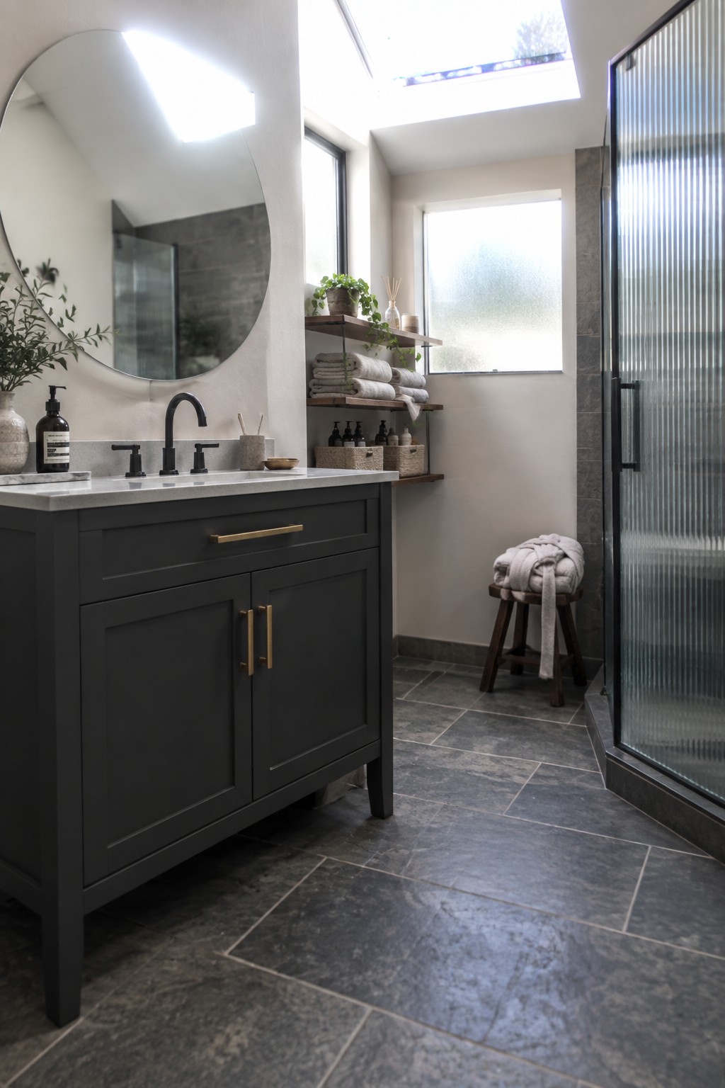 Modern bathroom with dark gray vanity, round mirror, wooden shelves, and glass shower