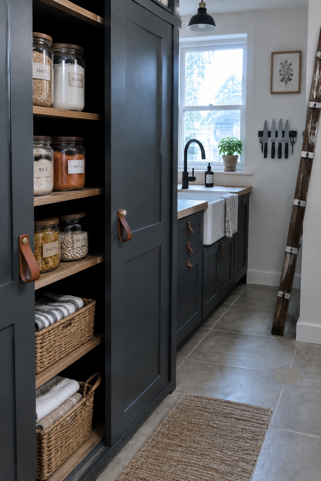 Open dark gray pantry cabinet with labeled glass jars and wicker baskets in kitchen.