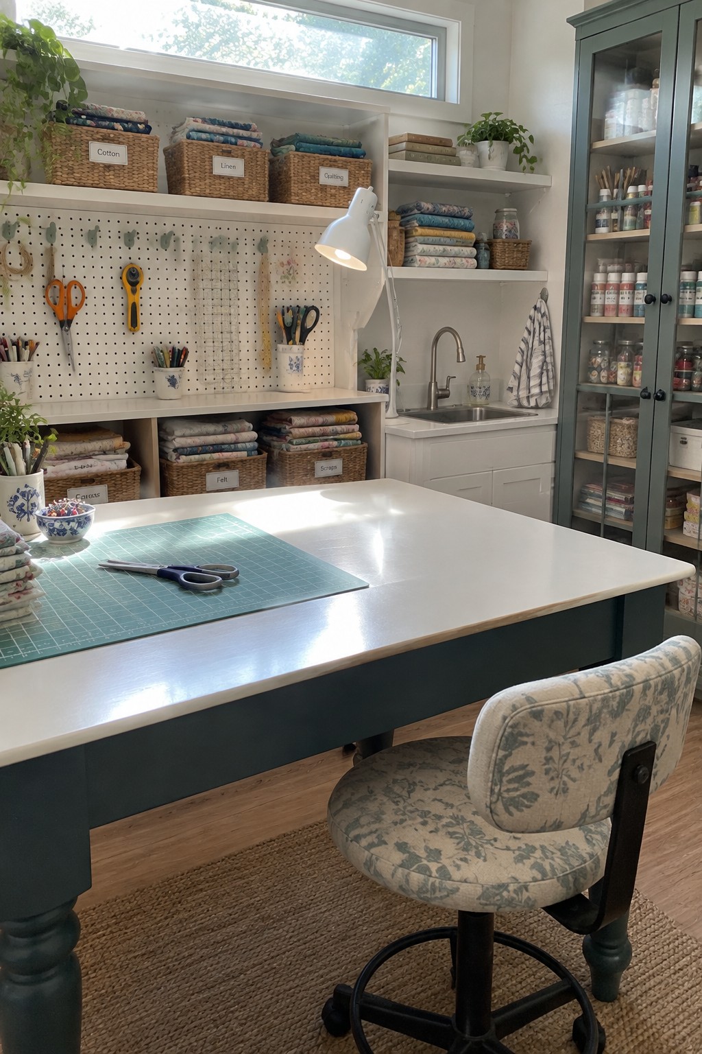 Craft room with white table, floral chair, pegboard tools, fabric baskets, and sink.