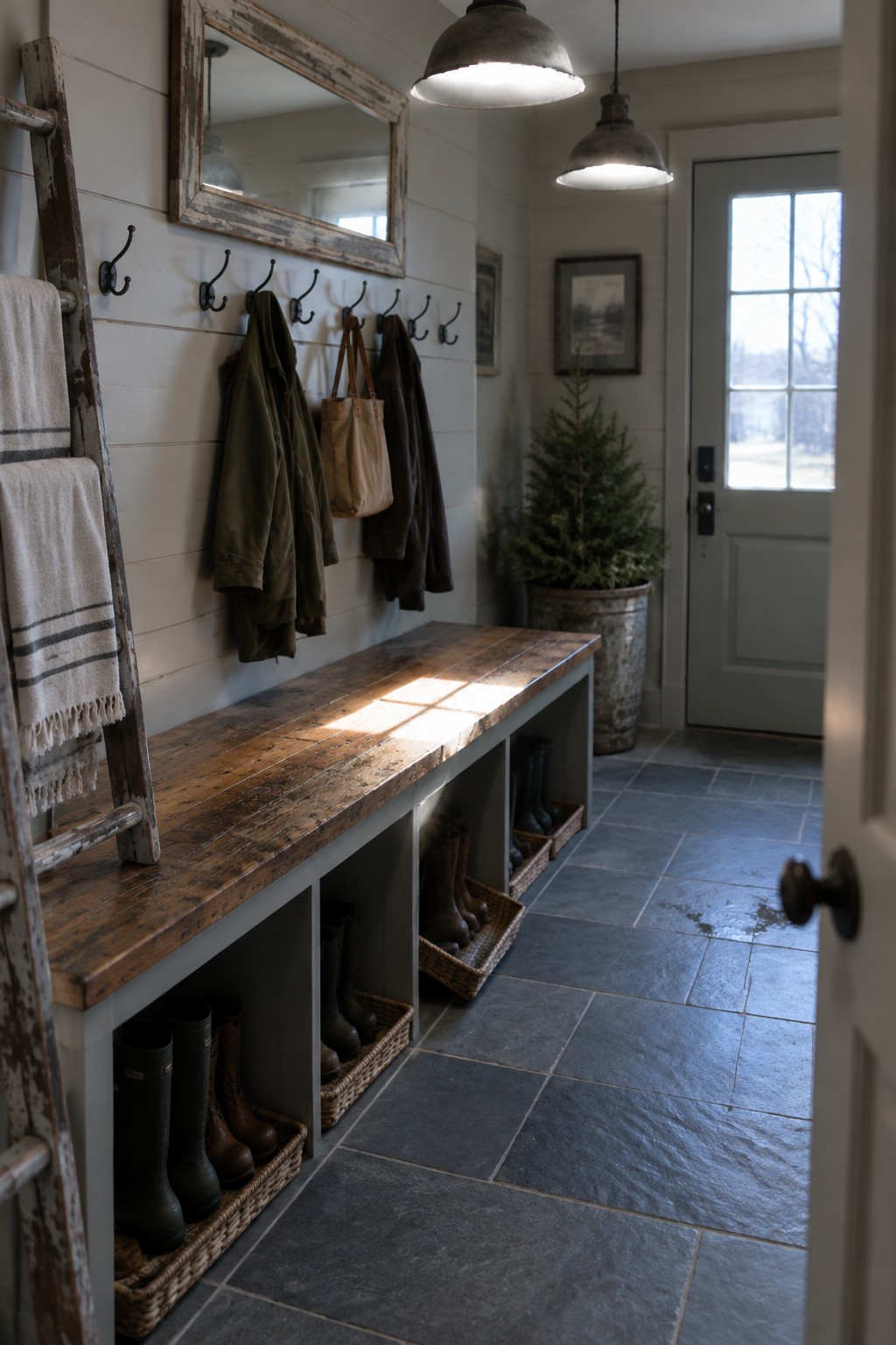 A long wooden bench with gray-painted storage cubbies below holds boots in baskets, with coats hanging on hooks above and a ladder leaning against the wall in a tiled entryway.
