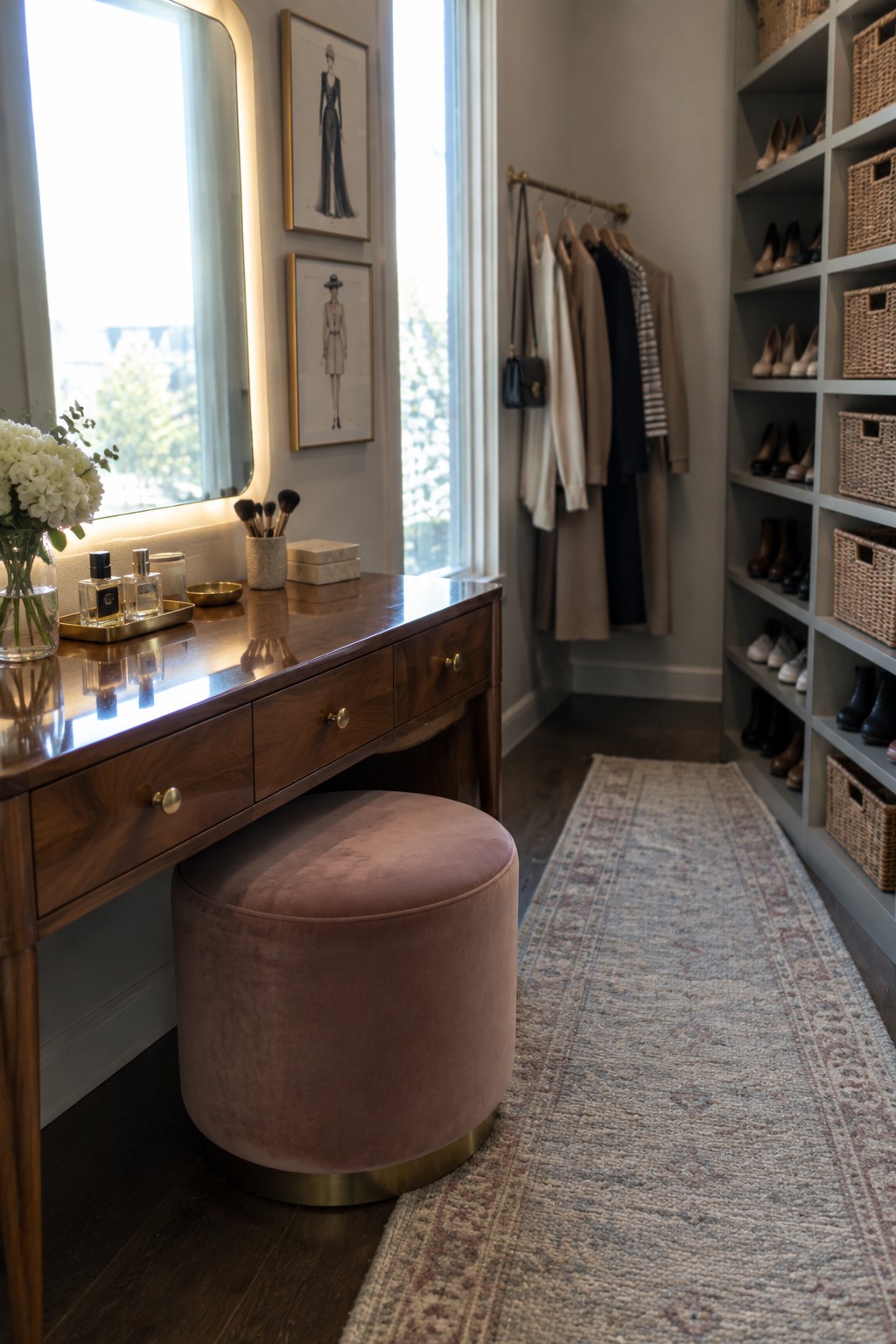 Organized walk-in closet with wooden vanity, pink velvet stool, shoe shelves, and hanging clothes