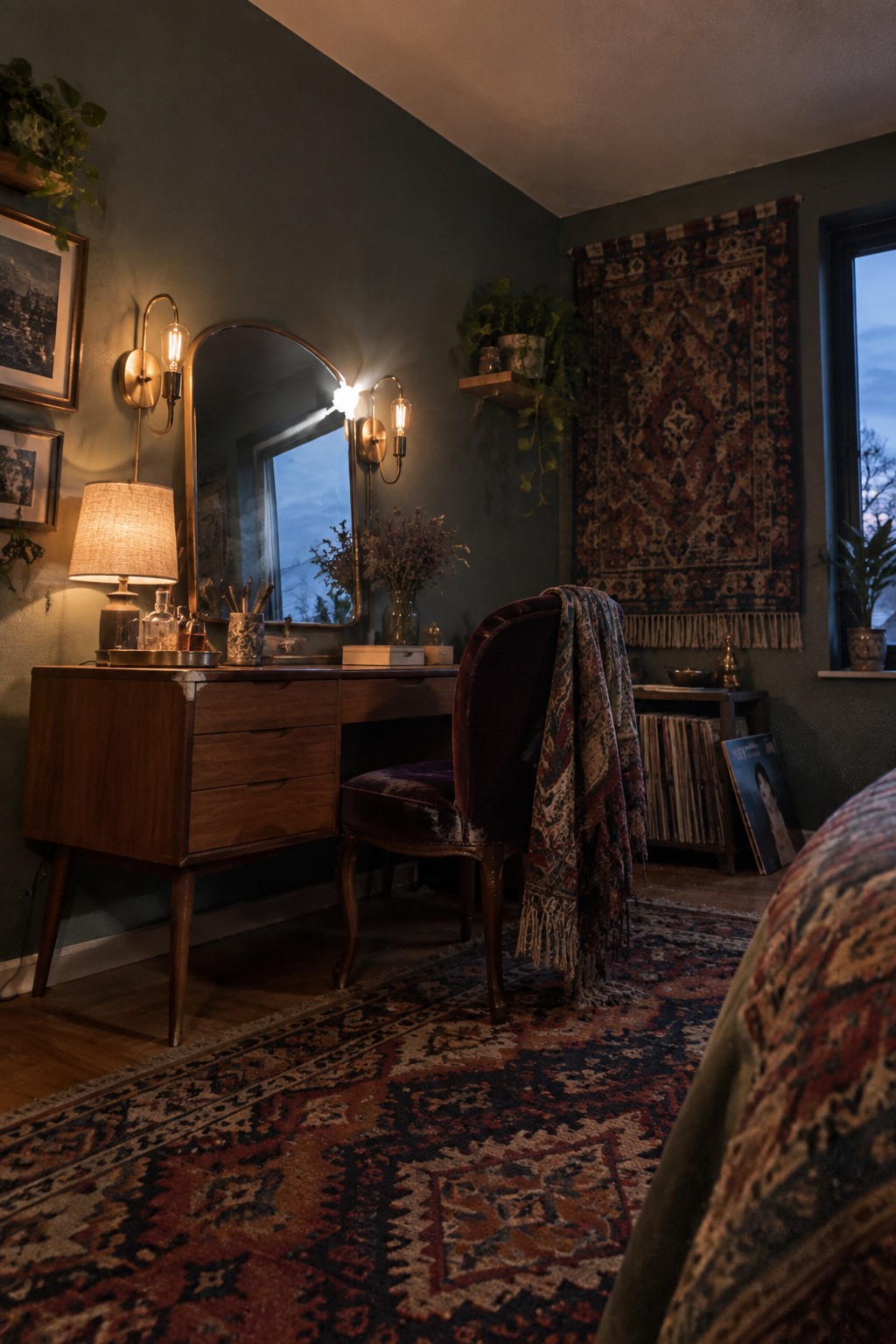 A wooden vanity desk with an arched mirror above it sits against a dark green wall, accompanied by a velvet chair and various small items on the surface.
