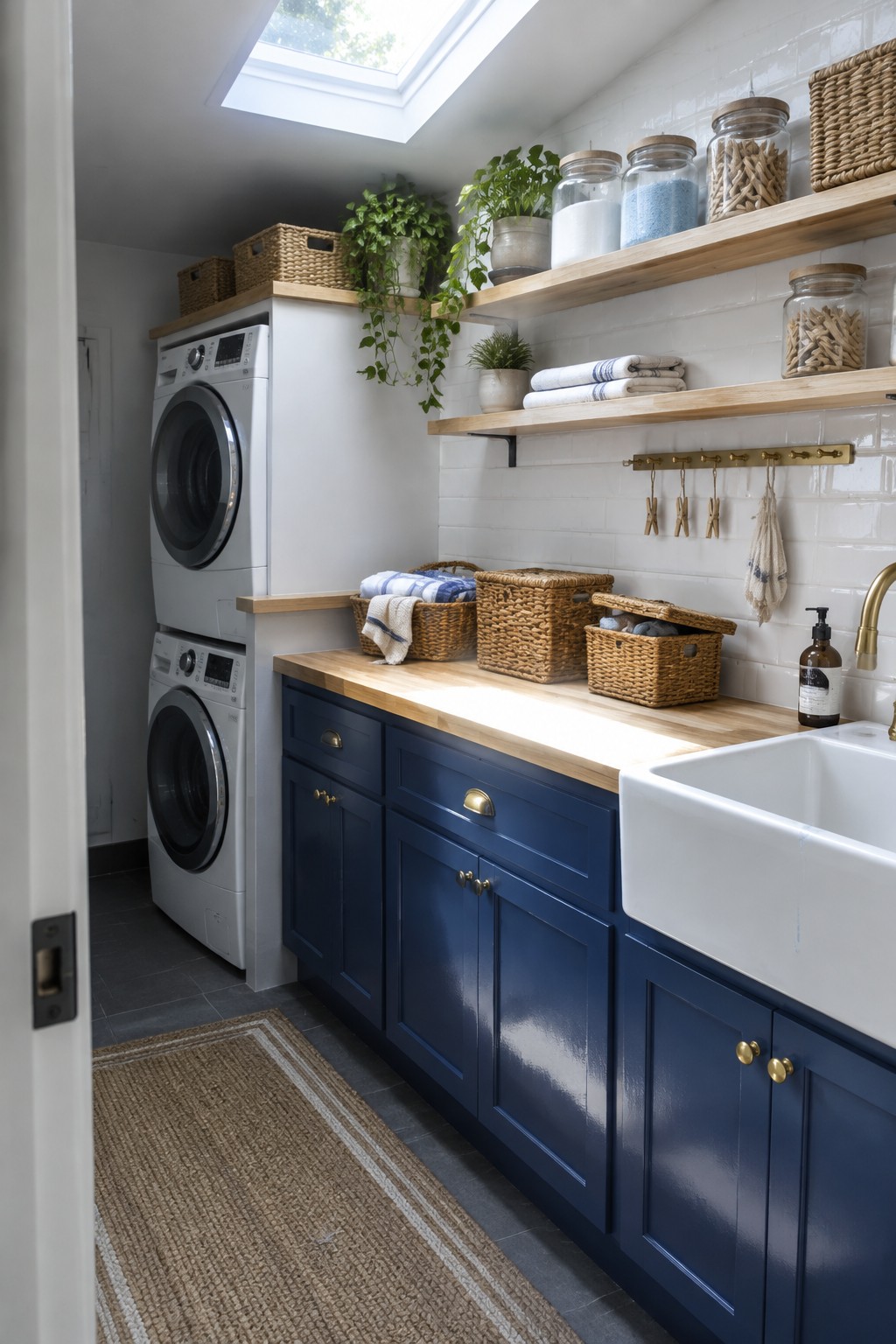 Navy blue cabinets, white farmhouse sink, stacked washer-dryer in bright laundry room