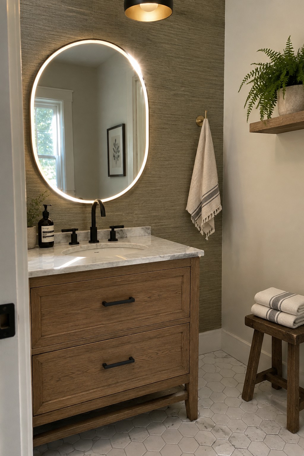 A wooden two-drawer vanity with black hardware and a marble top sits under a round illuminated mirror in a bathroom with hexagonal tile flooring.