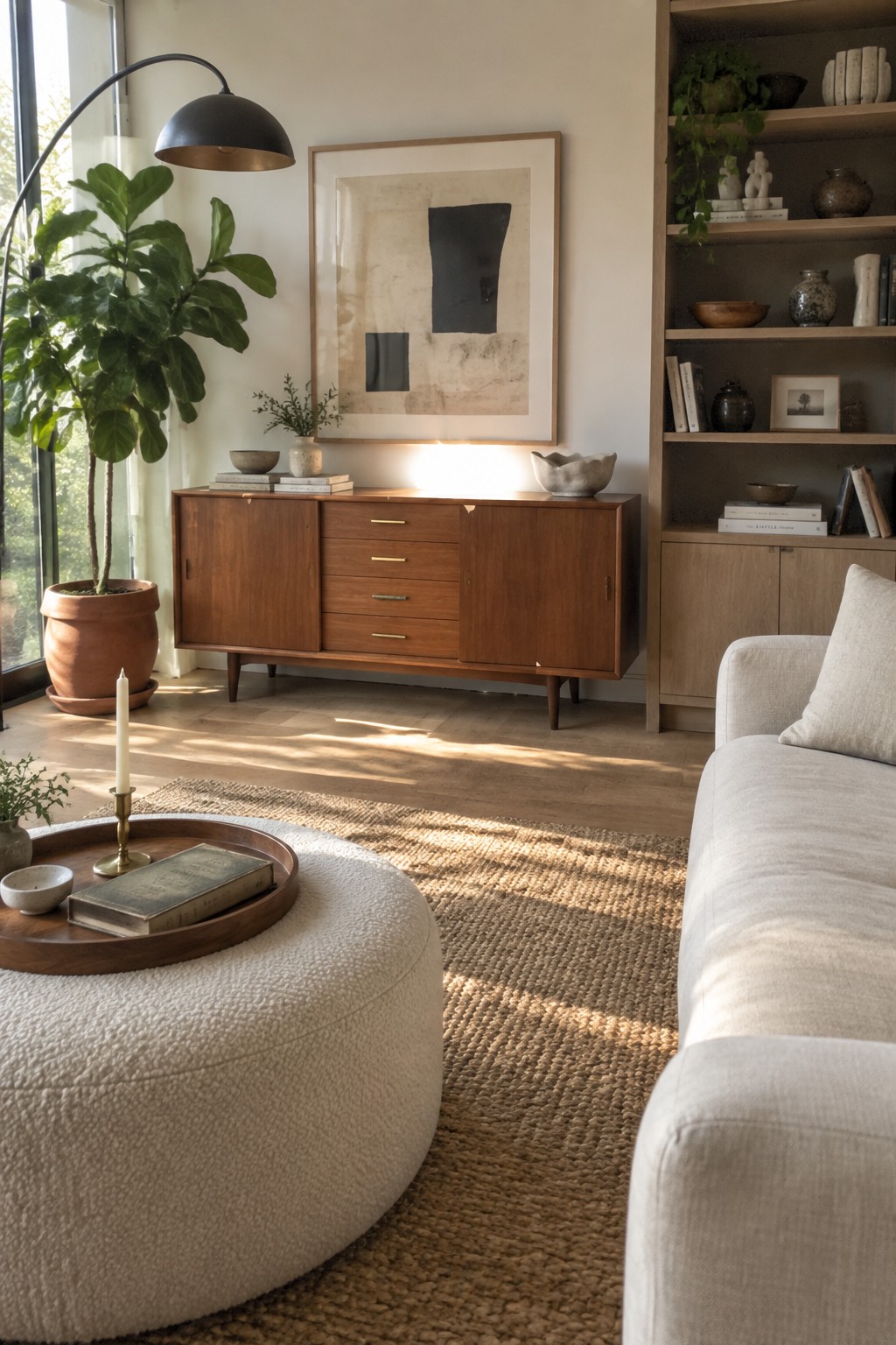 A living room with a mid-century wooden sideboard featuring drawers and cabinet doors, positioned under framed art beside a large potted plant.