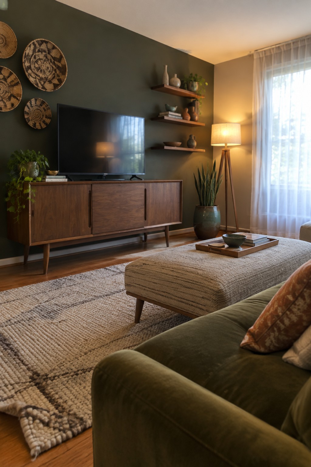 Cozy living room with green velvet sofa, wooden console, beige ottoman, and woven rug
