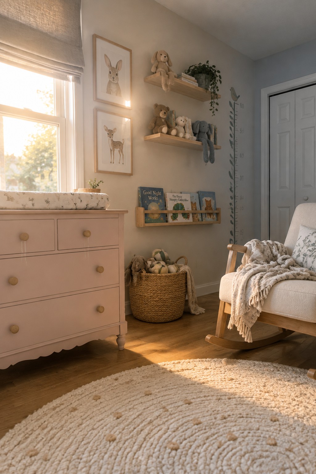 A nursery interior showing a pink painted dresser with a changing pad on top, wooden floating shelves with books and stuffed animals, a white rocking chair, and a round woven rug on wood flooring.