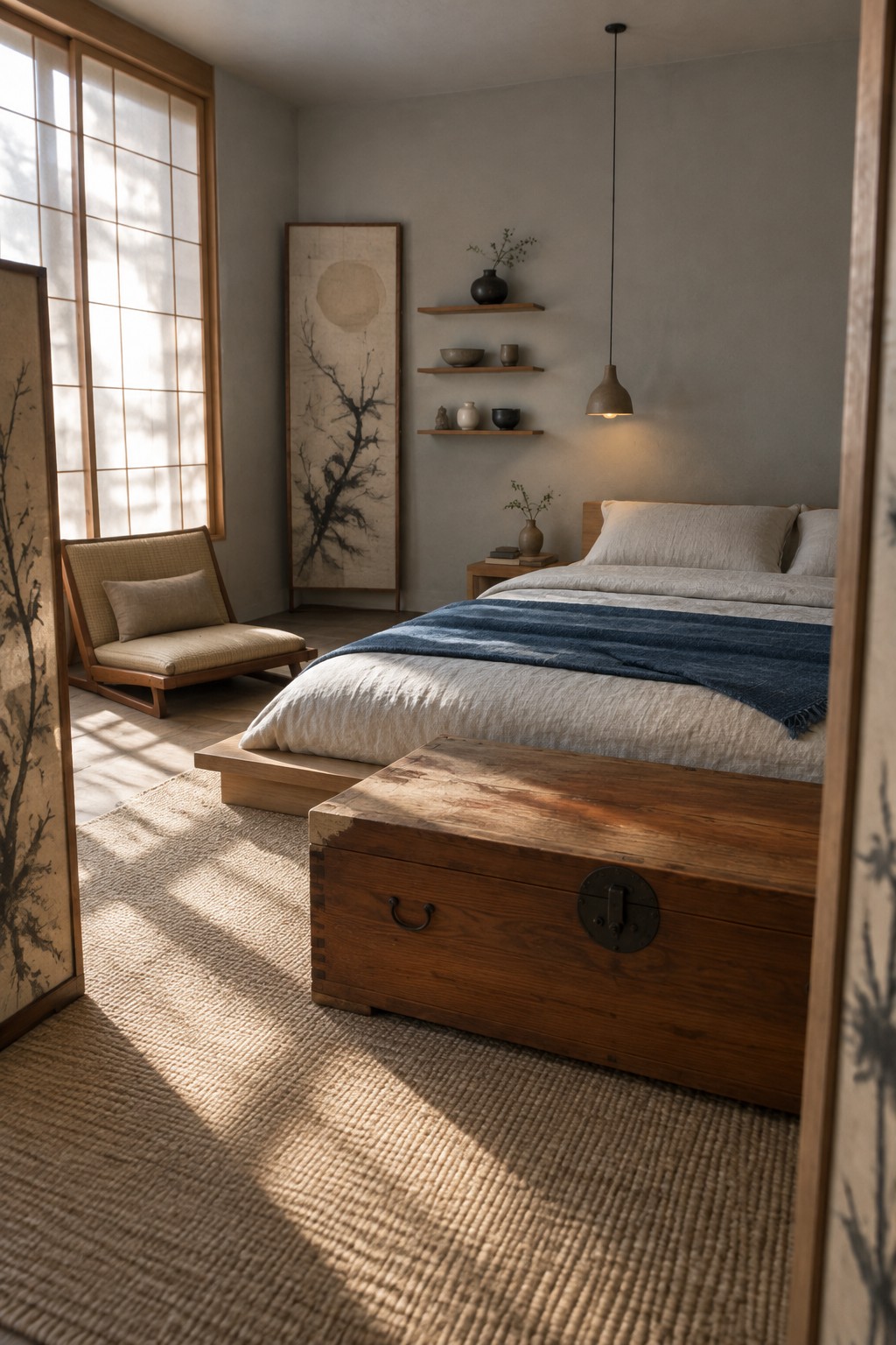 Minimalist Japanese bedroom with wooden bed, chest, shoji screens, and woven rug