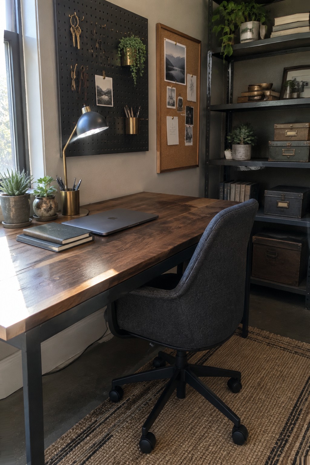 Wooden desk with laptop, gray swivel chair, plants, pegboard and metal shelves in office.
