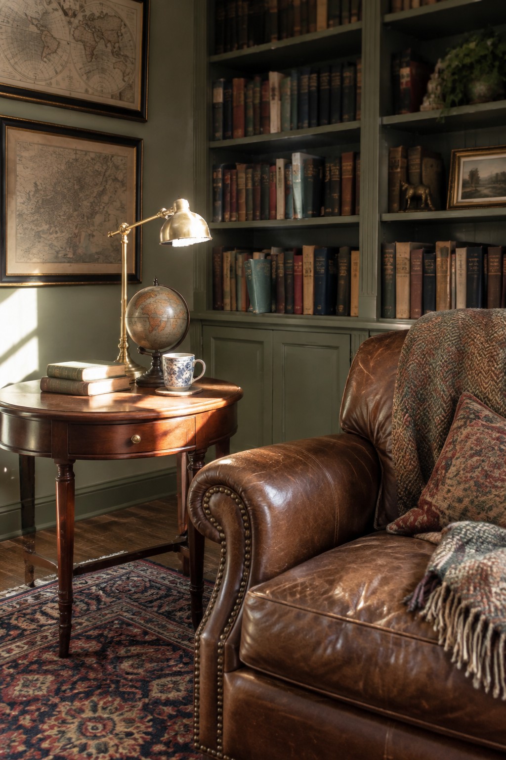A brown leather armchair with a patterned throw blanket sits next to a round wooden side table holding a globe, books, and a teacup in a room with green built-in bookshelves.