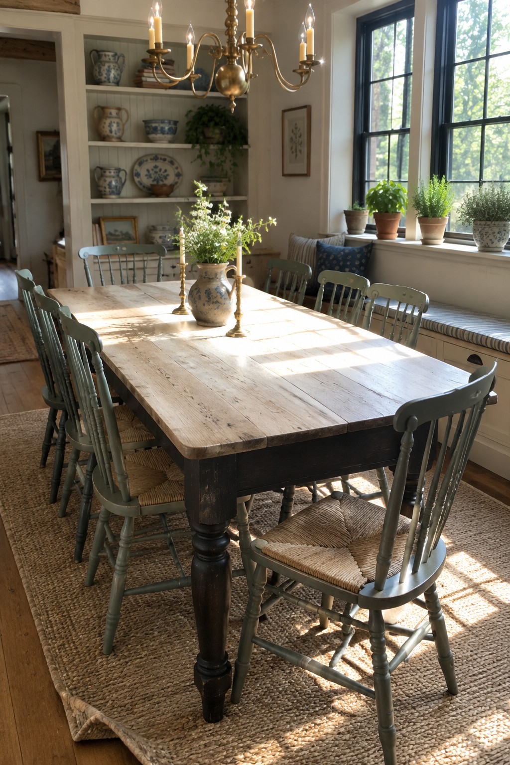 A dining room with a large rustic wooden table and several spindle-back chairs painted in a muted green-gray finish, arranged on a woven rug near a window.