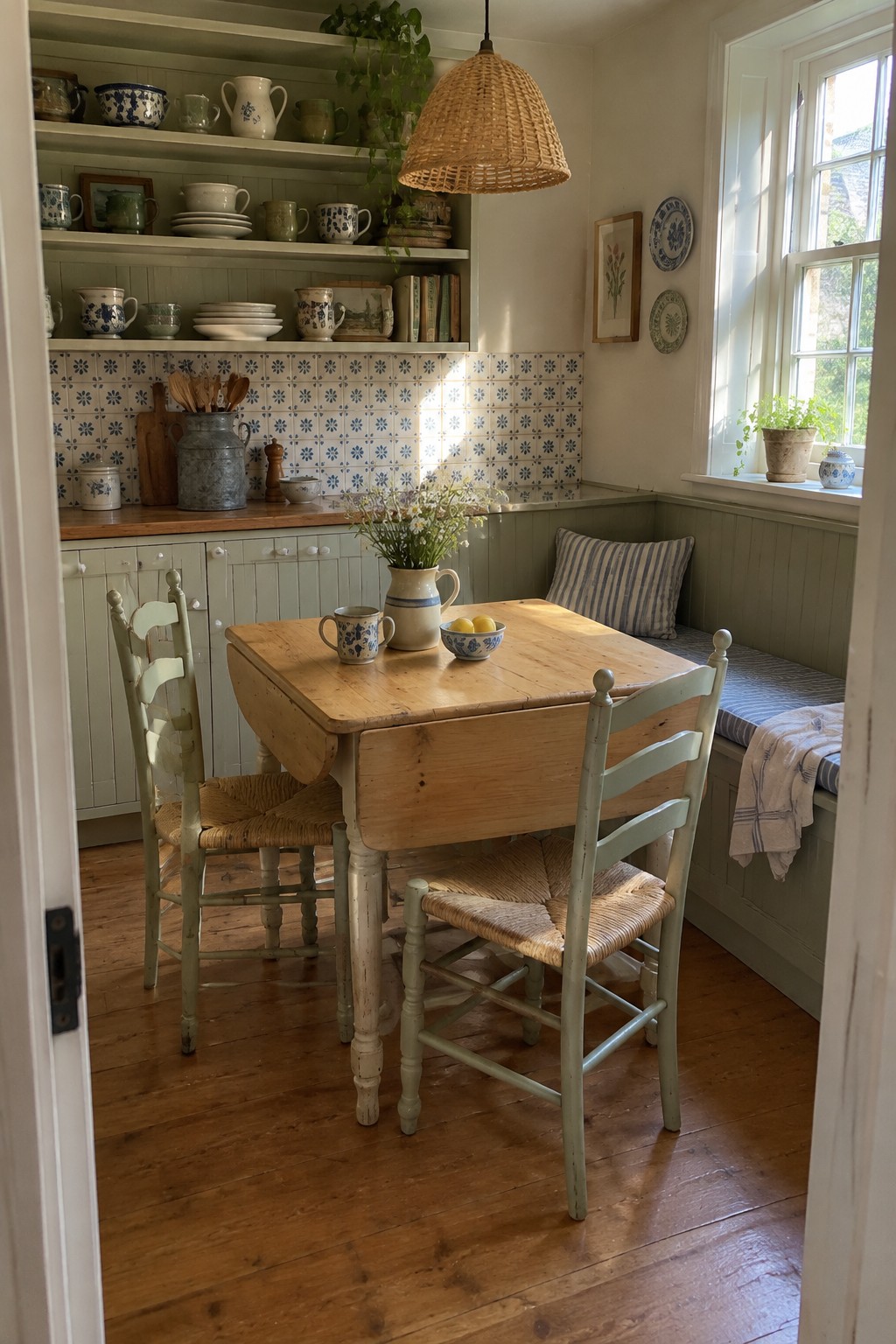Rustic kitchen with wooden table, rush chairs, blue-tiled backsplash, and sunlit window.