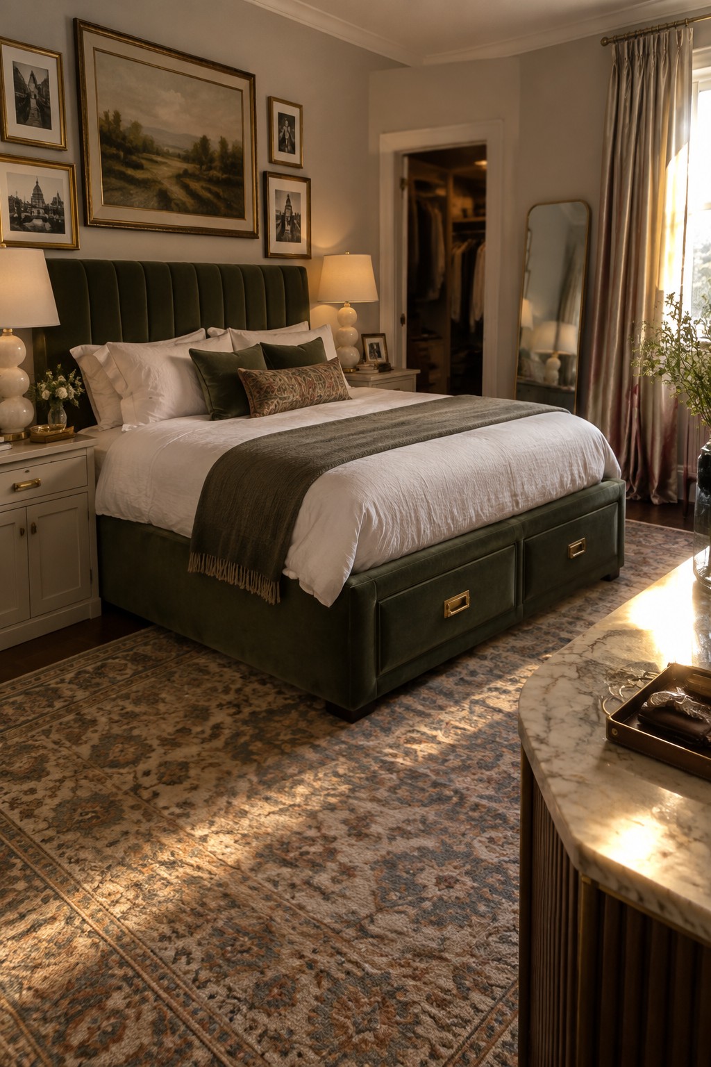 A bedroom with a large green velvet bed featuring white bedding and built-in storage drawers, flanked by nightstands with lamps and set on a patterned area rug.