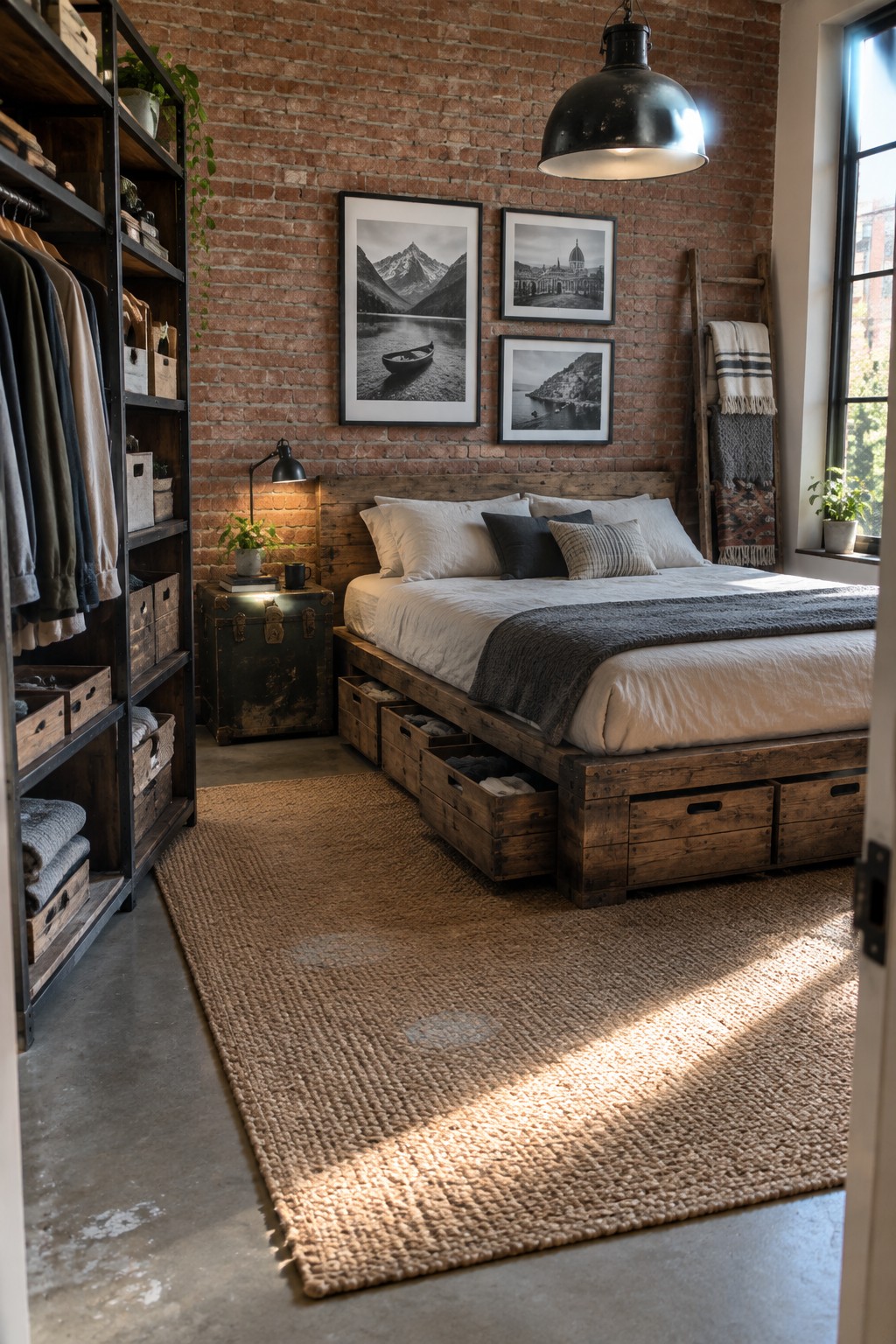 Rustic bedroom with wooden storage bed, brick wall, open closet, and jute rug