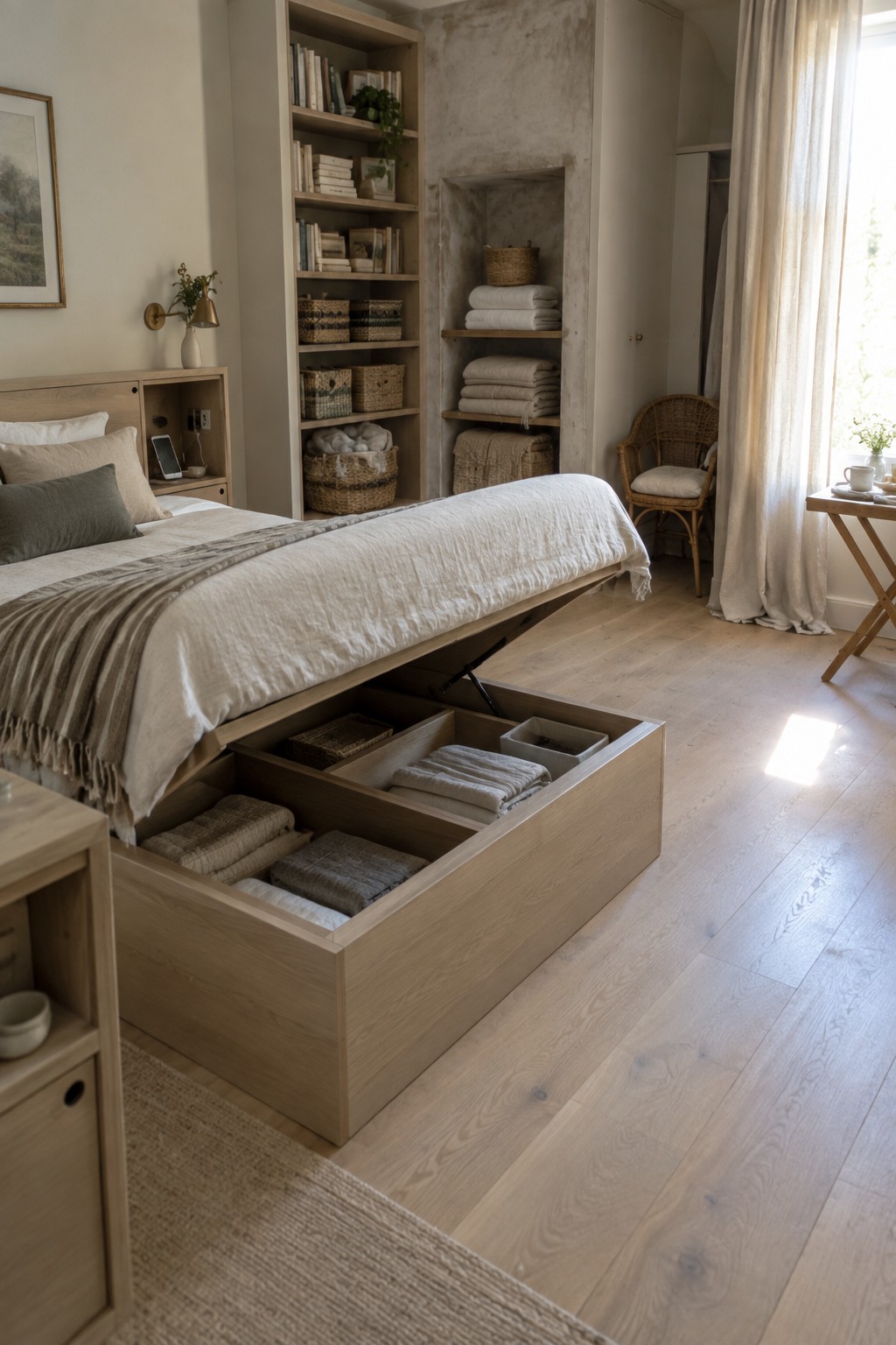 A light wood bed frame in a neutral bedroom with the base lifted open to reveal storage compartments holding folded linens and woven baskets.