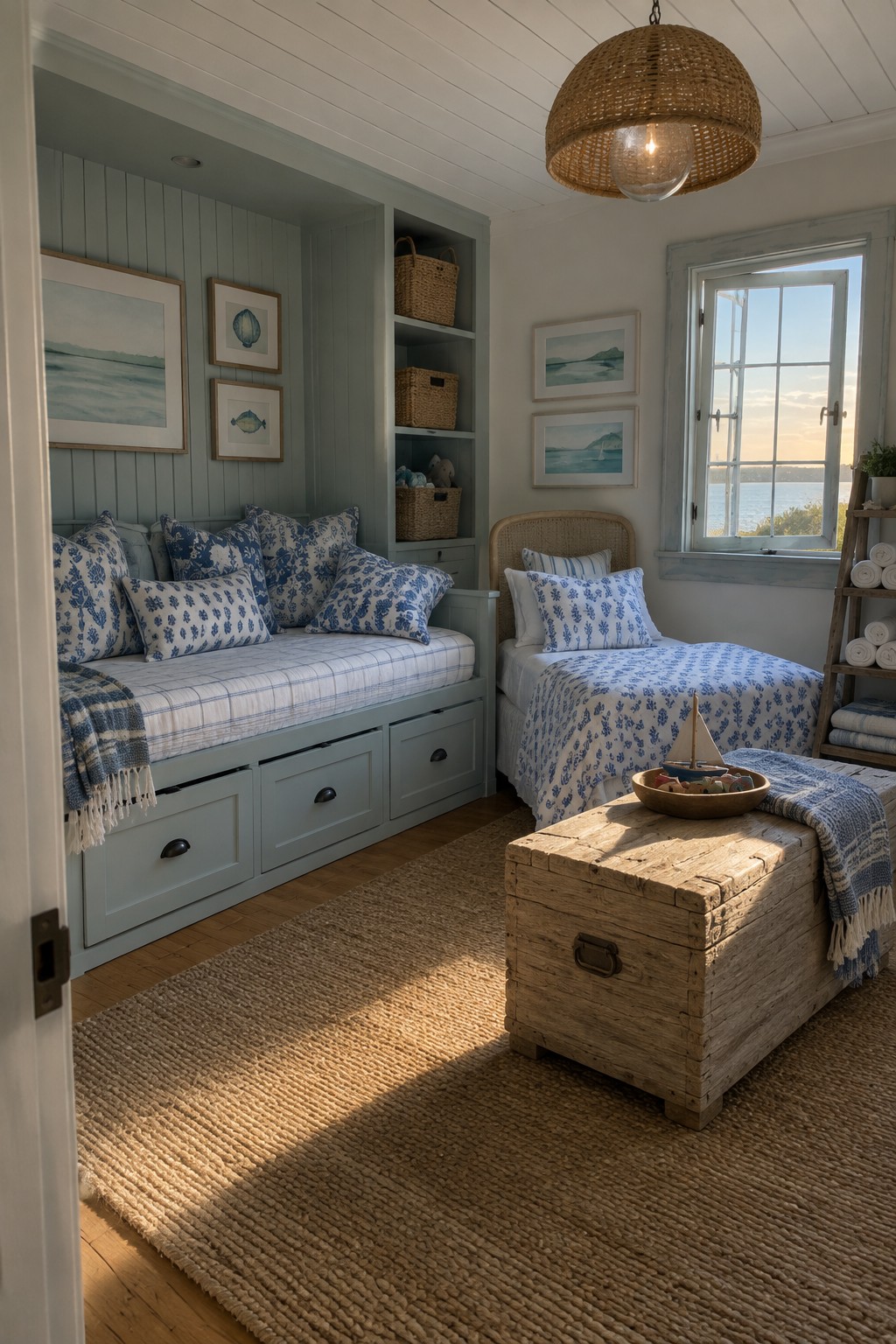 A coastal-style guest bedroom with a built-in daybed featuring blue patterned bedding and under-bed storage drawers, positioned next to a single bed and a wooden trunk on a woven rug.
