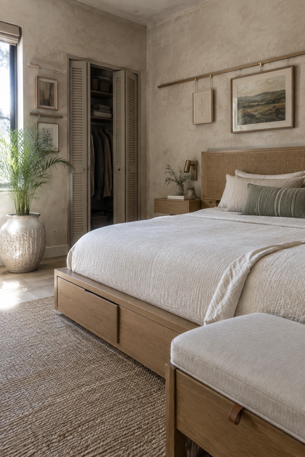 A bedroom with a light wood platform bed that has under-bed storage drawers, neutral bedding, a woven headboard, and an open closet with louvered doors.