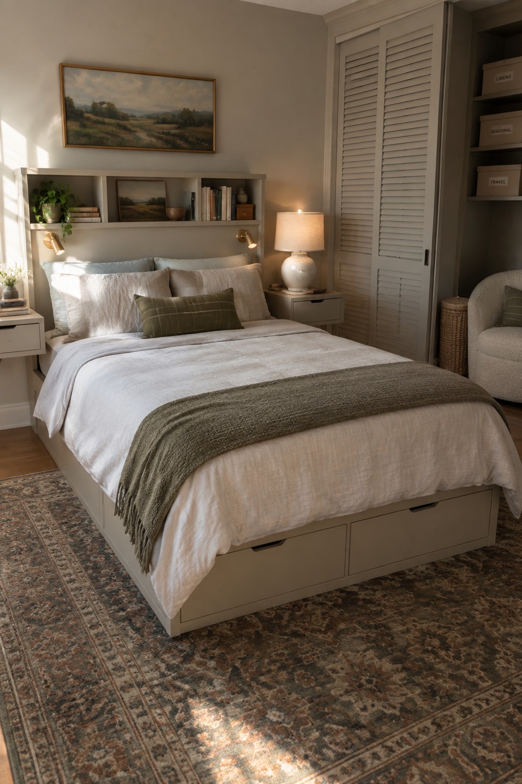 A bedroom with a bed that has under-bed storage drawers, a built-in headboard with shelves holding books and decor, neutral bedding, and a patterned rug on the floor.