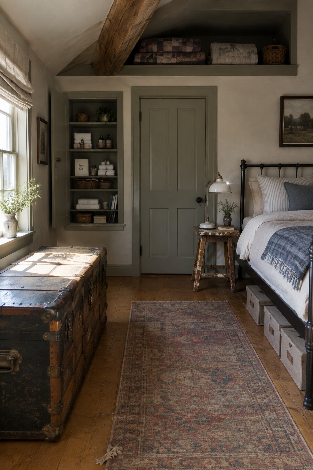 A guest bedroom interior showing open built-in shelves in an alcove, a large vintage trunk on the floor, a bed with under-bed storage boxes, and a patterned rug on wood flooring.