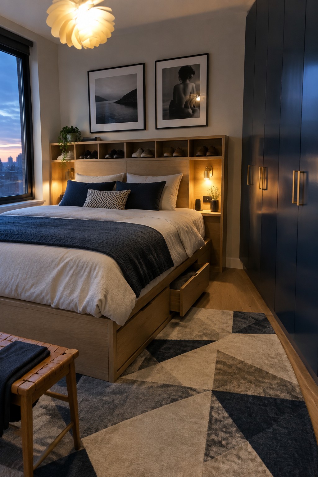 A bedroom with a wooden bed frame that includes under-bed drawers and a headboard with open shelving, topped with pillows and a dark throw.