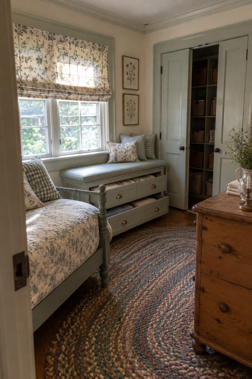 Cozy bedroom with sage green bed, floral window seat, braided rug, and open cabinet.